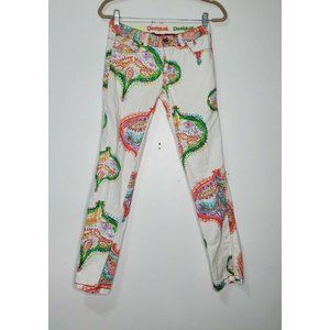 Desigual Size 26 White Pattern Pant Skinny Cotton Stretch Boho Art